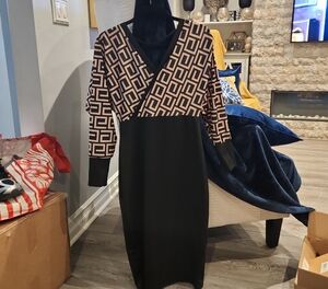 Geometric Wrap-Style Long Sleeve Dress in Blush and Black